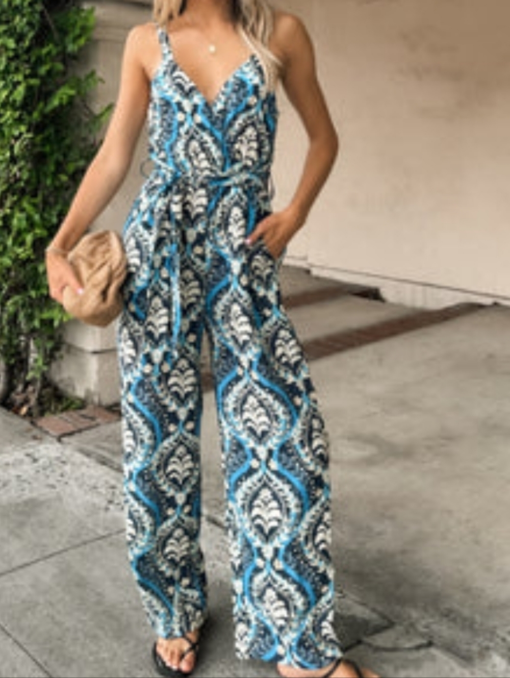 Millibon Blue Ikat Surplice Wide-Leg Jumpsuit